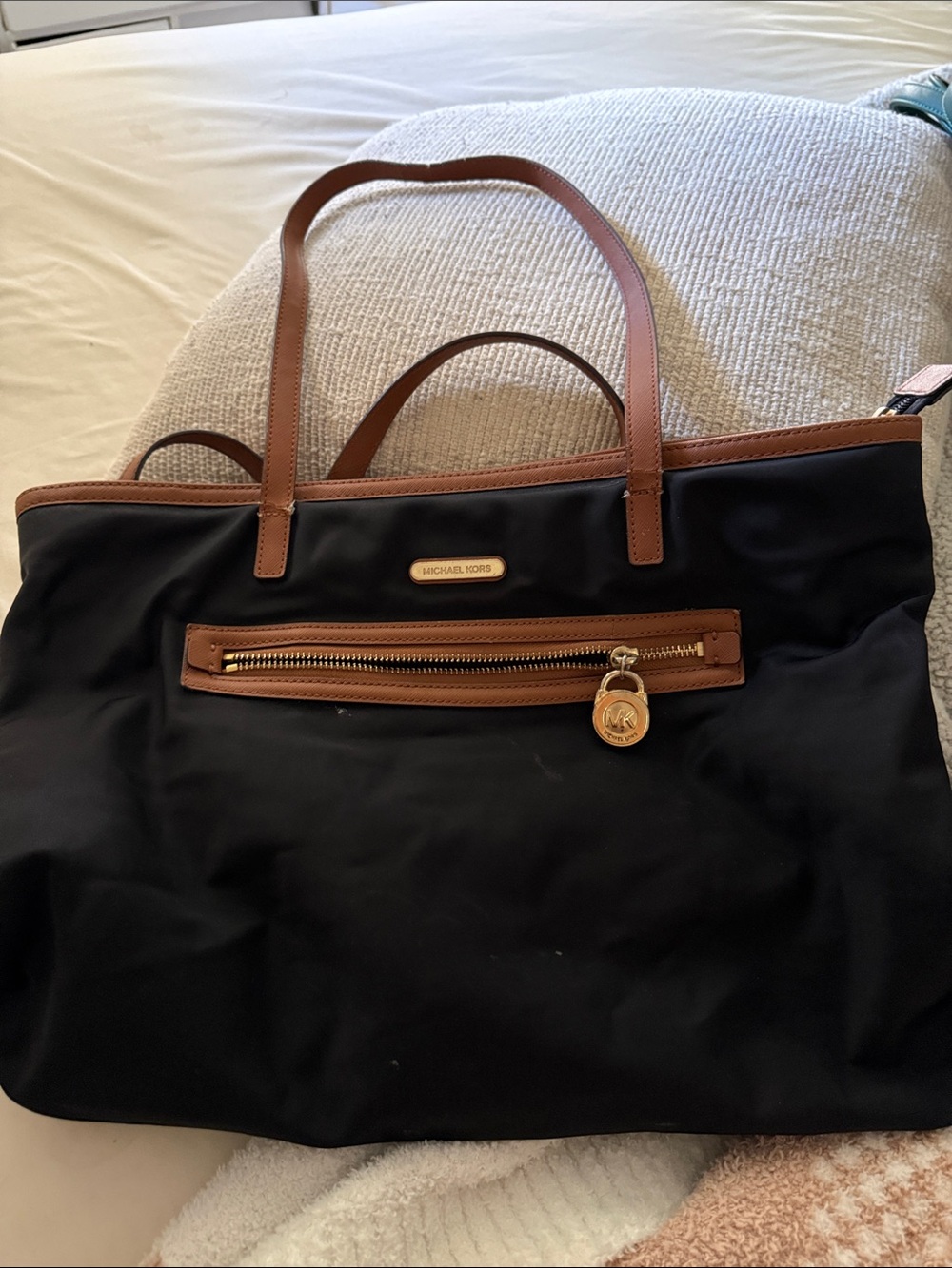 Michael Kors Black Tote with Brown Leather Trim and Gold Hardware